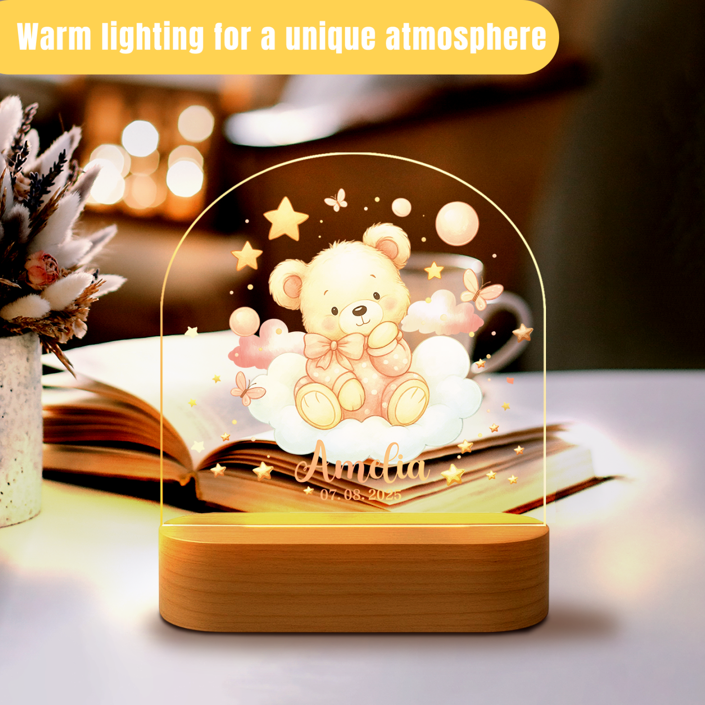 Custom Pink Bear Night Light for Kids – Soft LED Nursery Lamp
