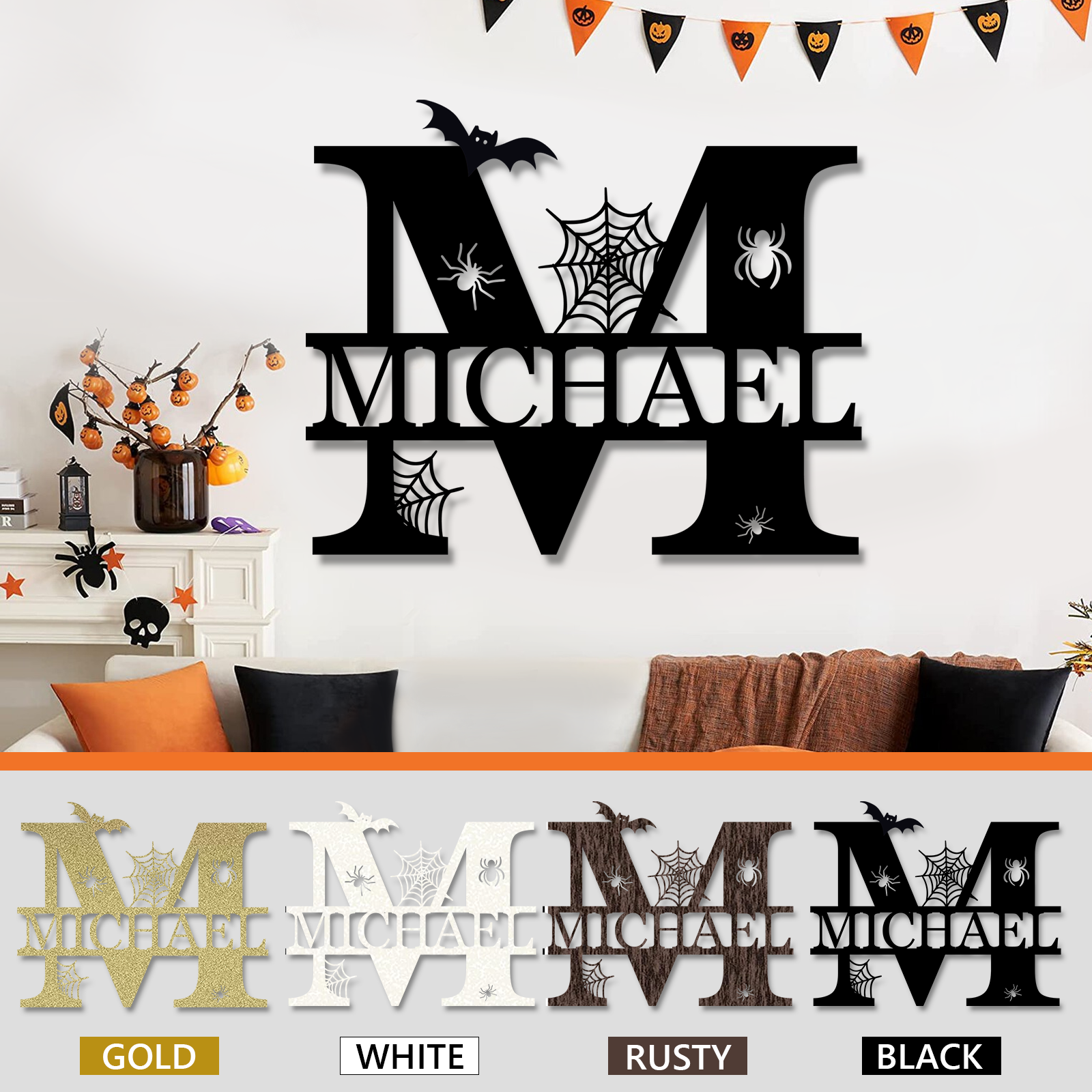Personalized Halloween Split Monogram Custom Halloween Alphabet Letters Halloween Family Name Sign Spooky Last Name Letter Monogram Custom Metal Fall Autumn Home Decor