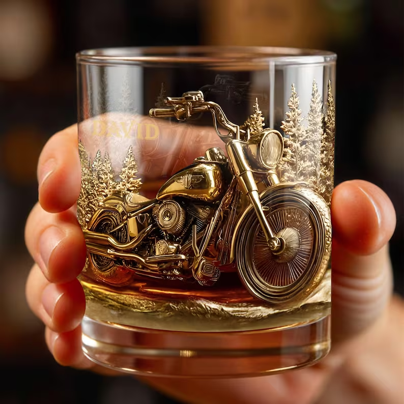 Custom Motorcycle Rider Whiskey Glass, Personalized Biker Bourbon Tumbler, Engraved Name Drinking Glass Gift for Him