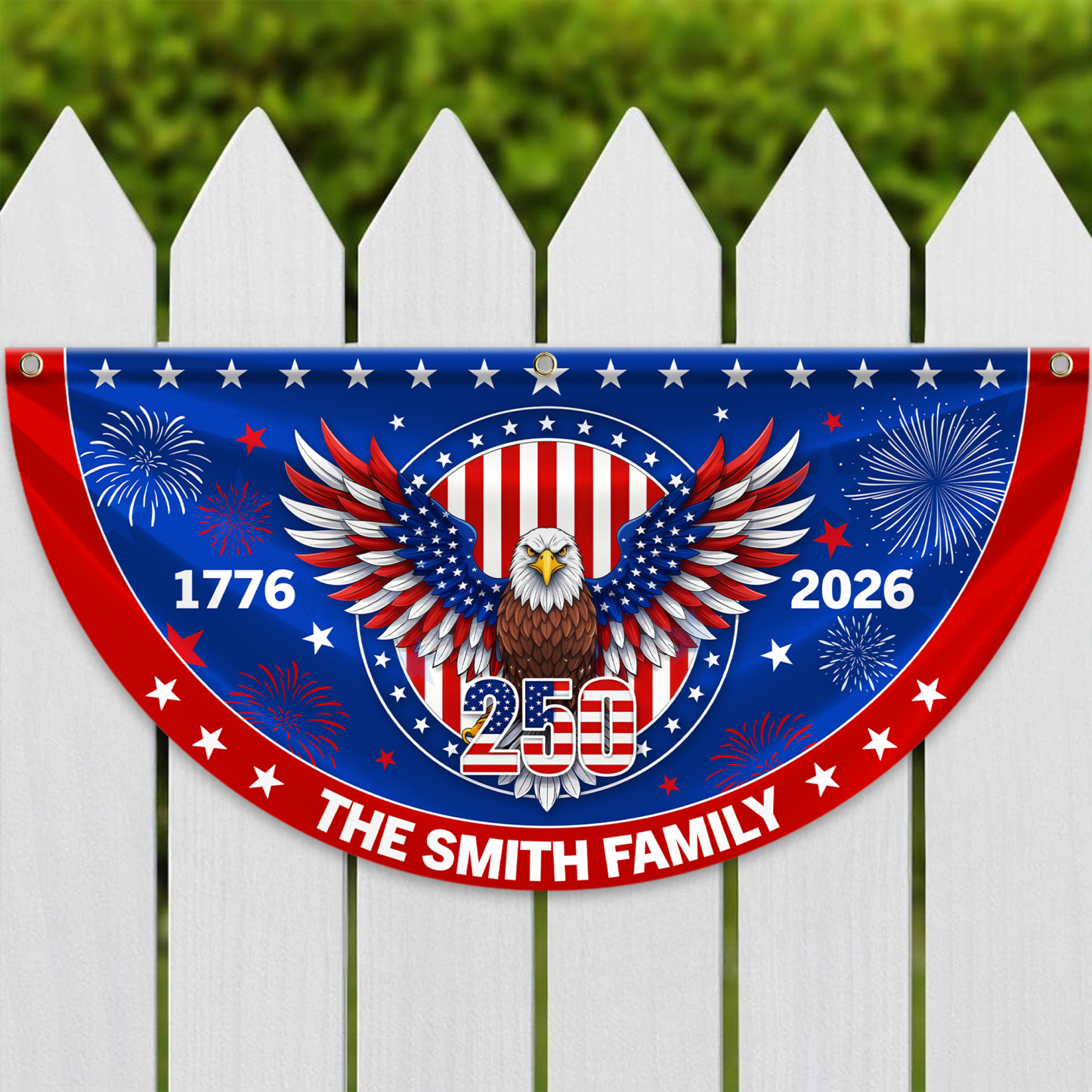 Personalized America 250th Anniversary Bunting Flag Personalized Family Name 1776-2026 250 Years Birthday America Non-Pleated Fan Flag