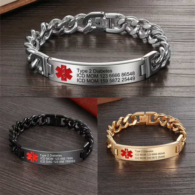 Custom Diabetes Medical Alert ID Bracelet for Men, Personalized Titanium Steel Emergency Info Wristband for Daily Wear