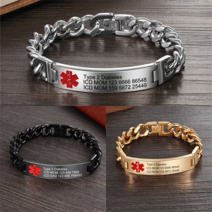 Custom Diabetes Medical Alert ID Bracelet for Men, Personalized Titanium Steel Emergency Info Wristband for Daily Wear
