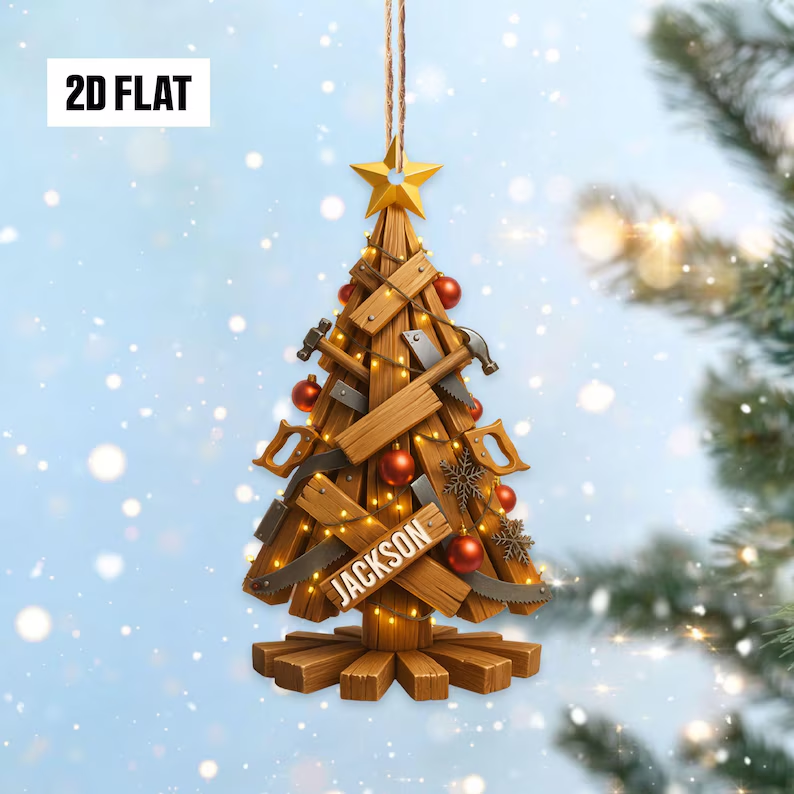 Personalized Carpenter Christmas Tree 2D Flat Acrylic Ornament, Custom Name Woodworker Gift, Unique Holiday DIY Tool Xmas Decor for Handyman