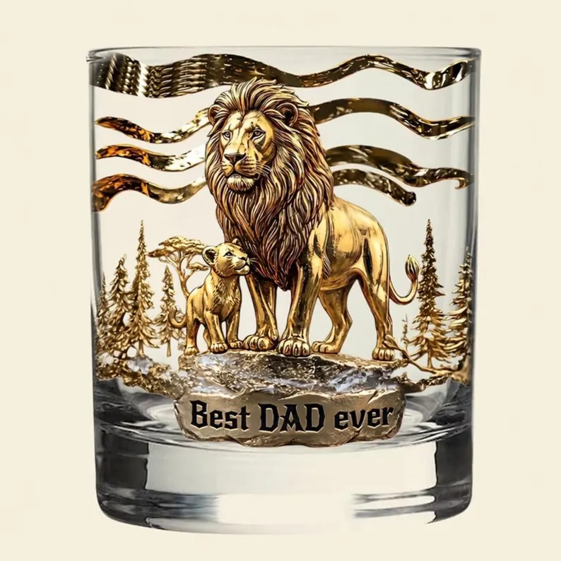 Personalized Lion Dad Whiskey Glass 2d Flat, Custom Family Name Bourbon Tumbler, Best Dad Ever Gift, Father’s Day Scotch Glass for Dad