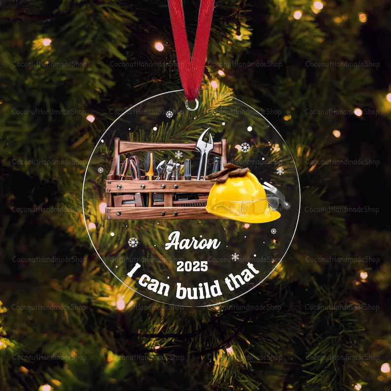 Carpenter Acrylic Ornament, Personalized Carpenter Gift, Construction Ornament, Handyman Gift, Mr Fix it Ornament, Tool Box Woodworker