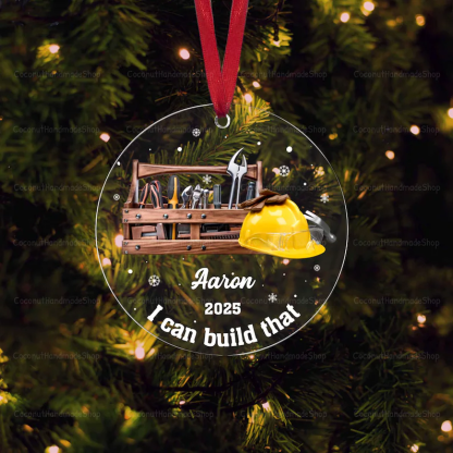 Carpenter Acrylic Ornament, Personalized Carpenter Gift, Construction Ornament, Handyman Gift, Mr Fix it Ornament, Tool Box Woodworker