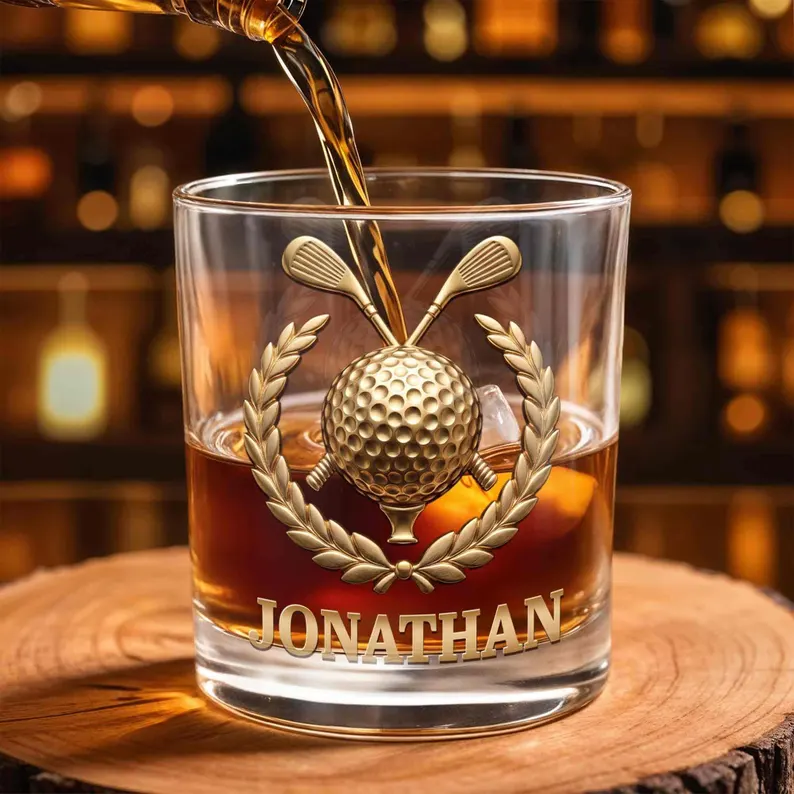 Custom Golf Whiskey Glass 2D Flat, Personalized Golfer Tumbler, Golf Dad Gift, Bourbon Glass for Golf Lovers, Father's Day Gift