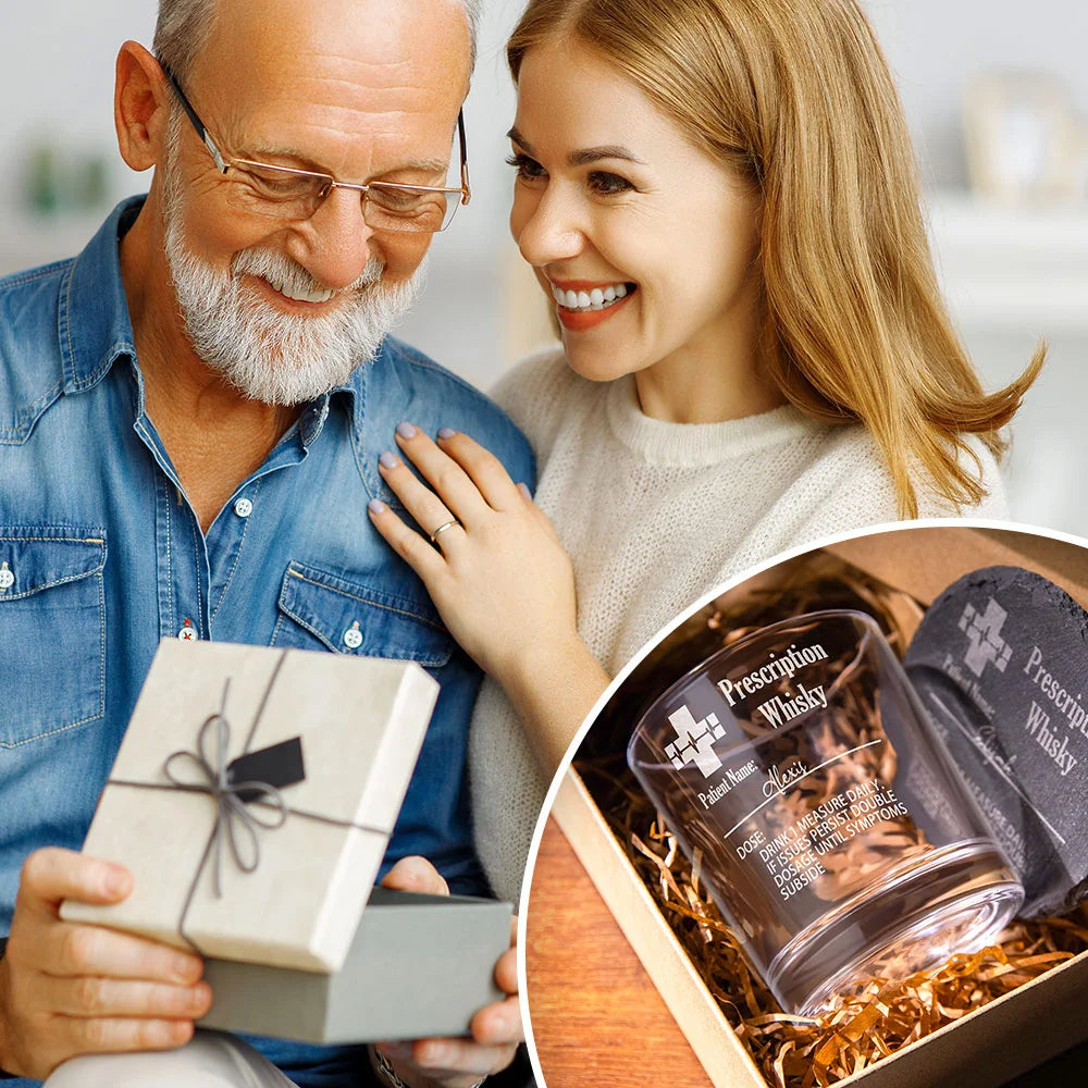 Personalized Funny Prescription Whisky Glasses and Slate Coaster with Laser Engraved Name Father's Day Gift for Him