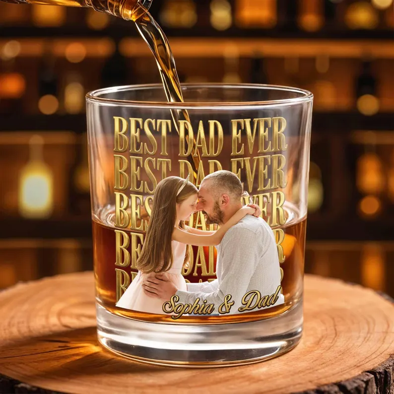 Personalized Photo Whiskey Glass 2D Flat, Best Dad Ever Custom Picture Bourbon Tumbler, Father Daughter Gift for Dad Father's Day