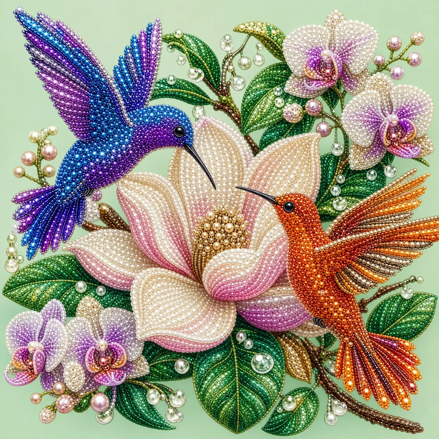 Framed Blue-Orange Hummingbird - Pearls Painting Kit DIY Diamond Painting Pearl Dot Crafts 