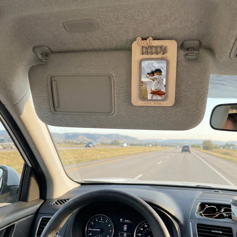 Personalized Dad Gift, Custom Photo Car Visor Clip and Photo Magnet, Wooden Keepsake Frame