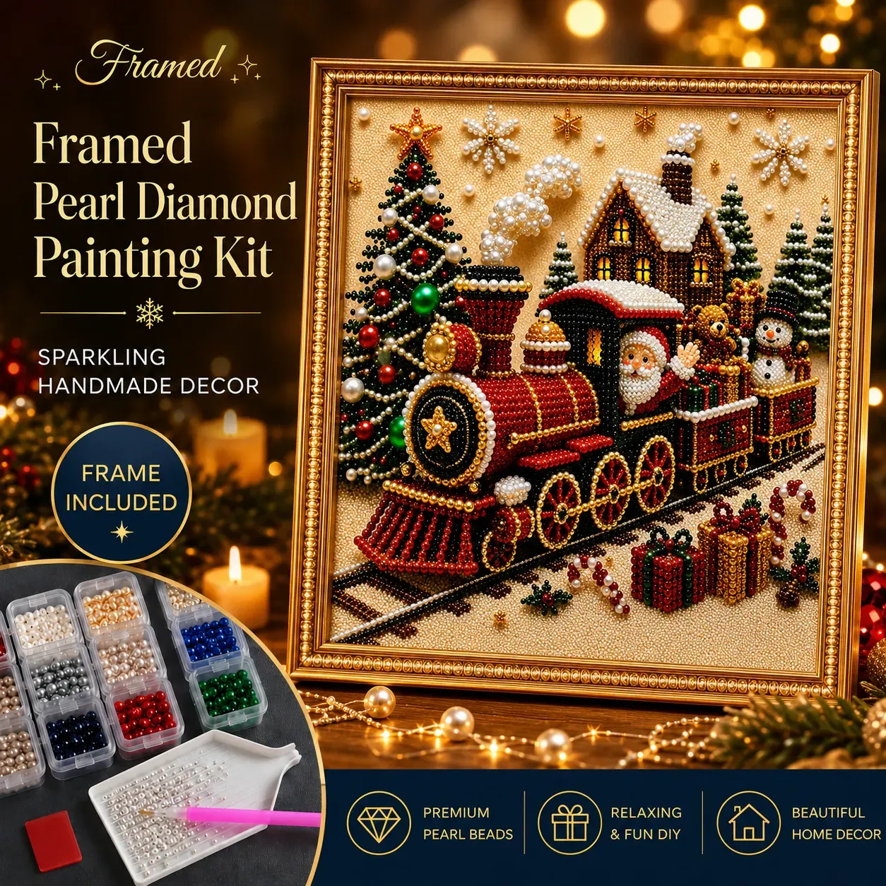 Framed Christmas Train - Pearls Painting Kit DIY Diamond Painting Pearl Dot Crafts 