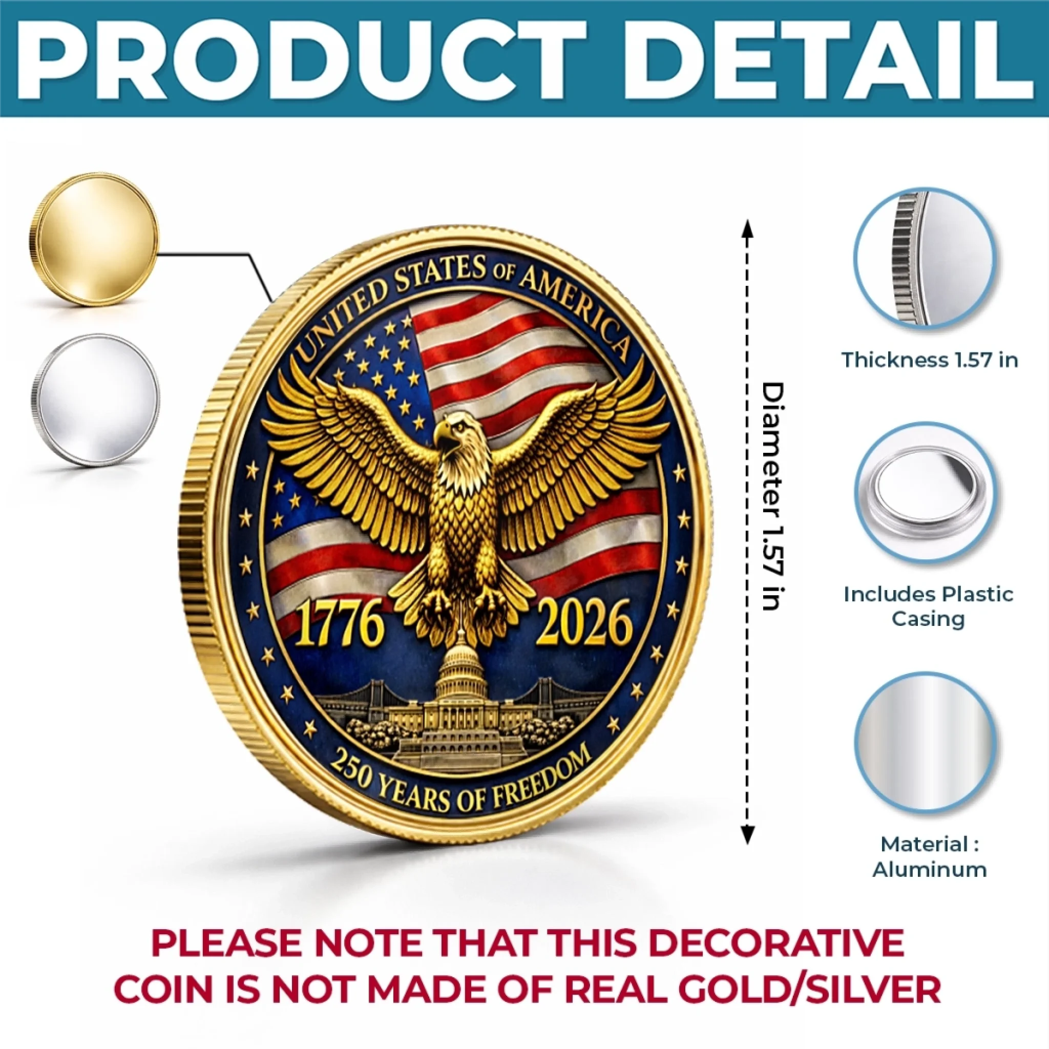 Commemorative Keepsake Coin - America 250th Anniversary Gifts For Women, Men - One Nation Strong And Free