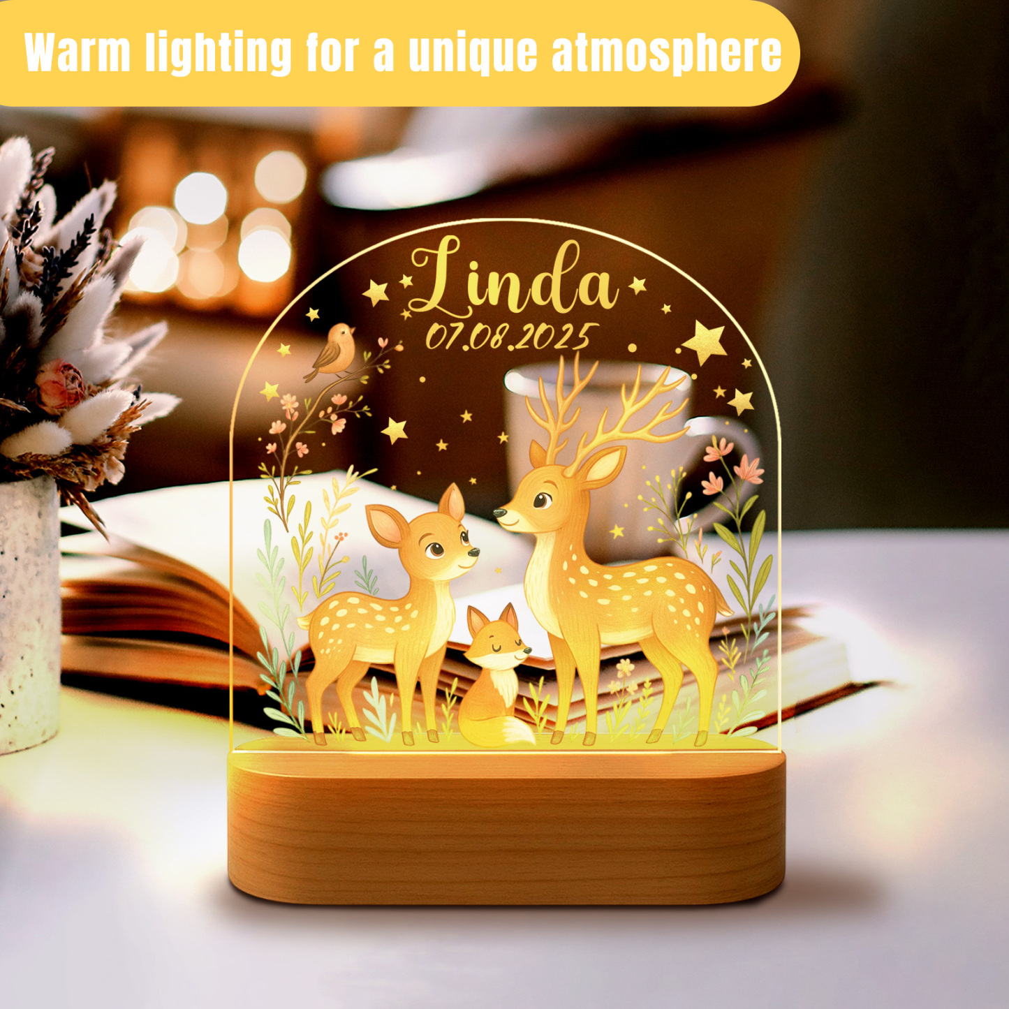 Baby Bear Pink Moon Nightlight, Kids Custom Name Lights,Kids Bedroom Nightlight