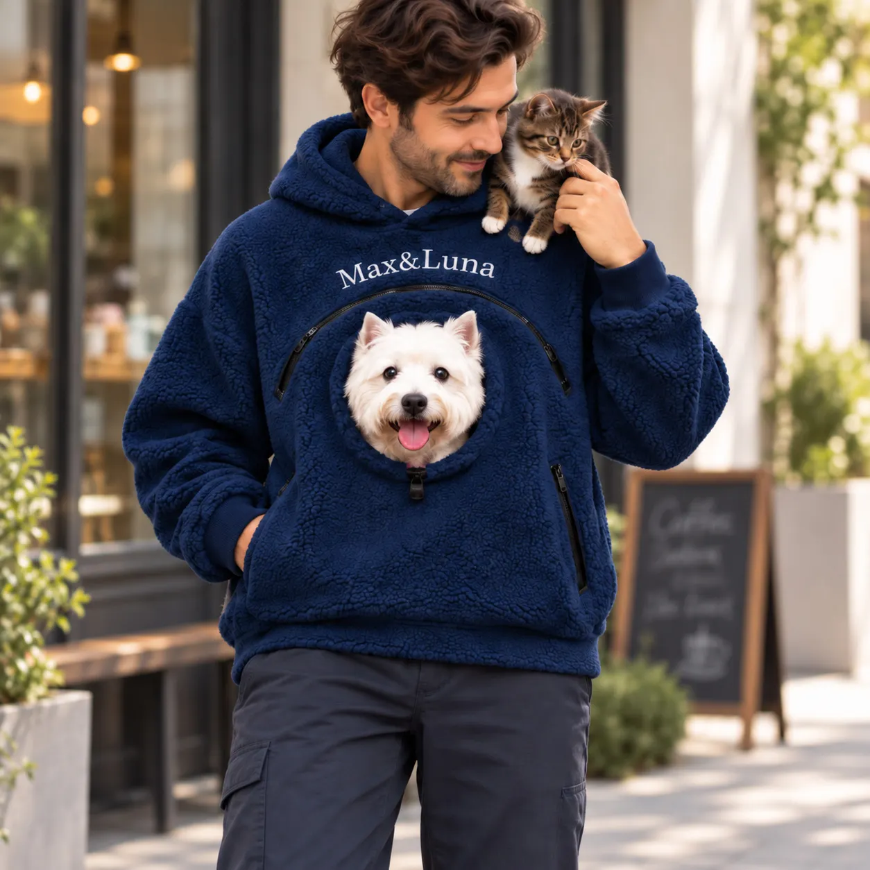Personalized Pet Carrier Hoodie with Custom Name, Cozy Fleece Dog & Cat Carrying Sweatshirt, Hands-Free Puppy Pouch Hoodie, Small Pet Carrier Jacket, Gift for Pet Lovers