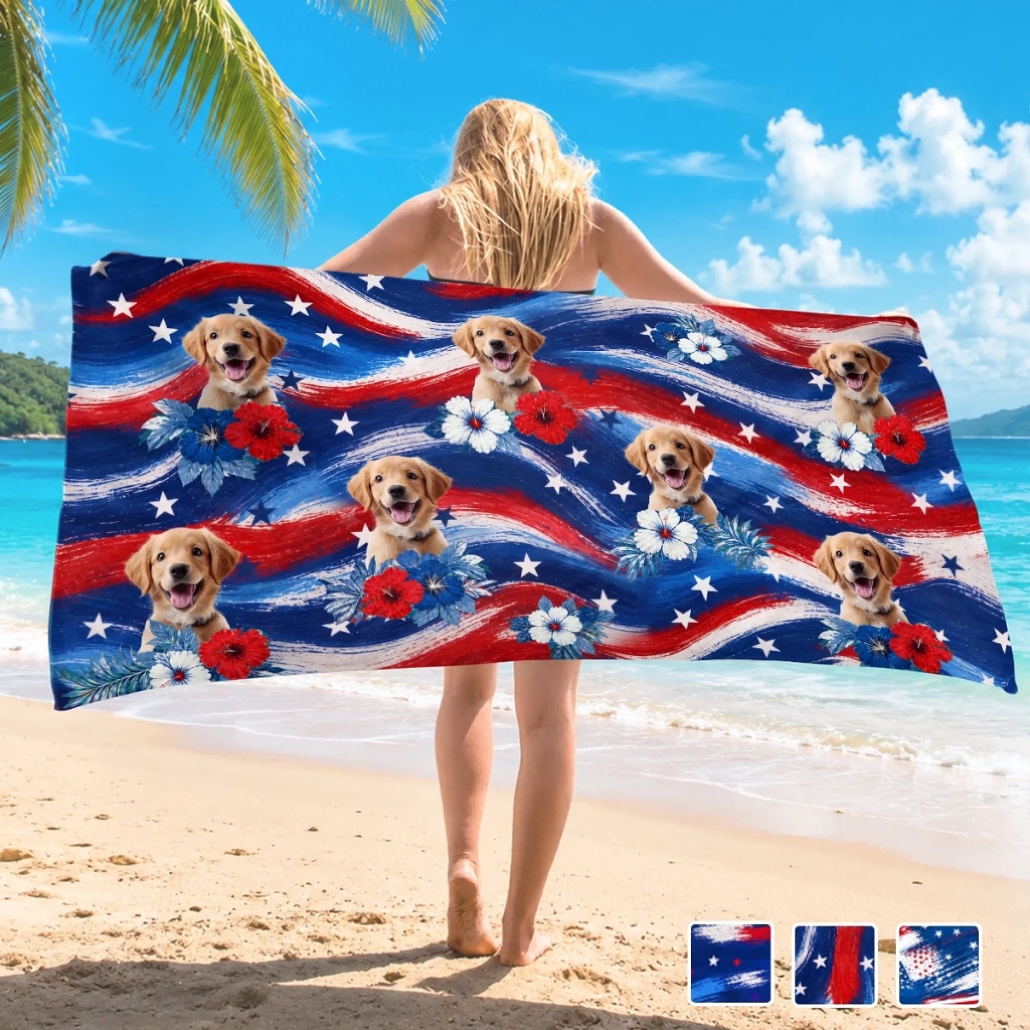 Custom Photo Beach Towel - Personalized 4th Of July, Summer Vacation And Travel Gifts For Dog Cat Lovers, Dog Dad And Mom, Cat Owners - Pawtriotic Summer Vibes
