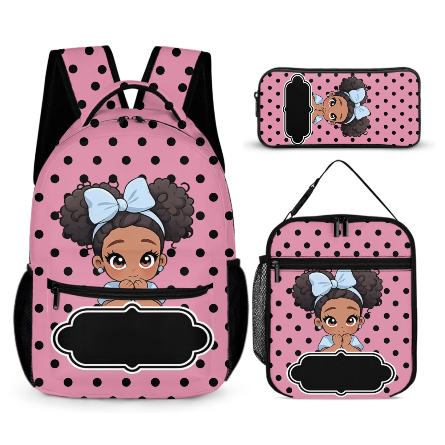 Personalized Cute Cartoon Black Girl Backpack Lunch Bag Pencil Case Set with Name Back-To-School Birthday Gift for Girls