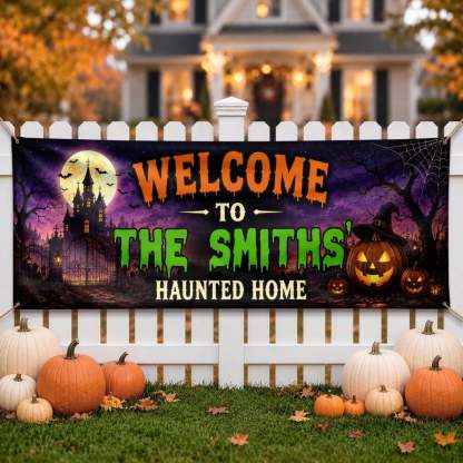 Custom Haunted Home Outdoor Banner - Personalized Halloween Decor Gifts For Mom, Dad, Brother, Sister - Creep It Real This Halloween