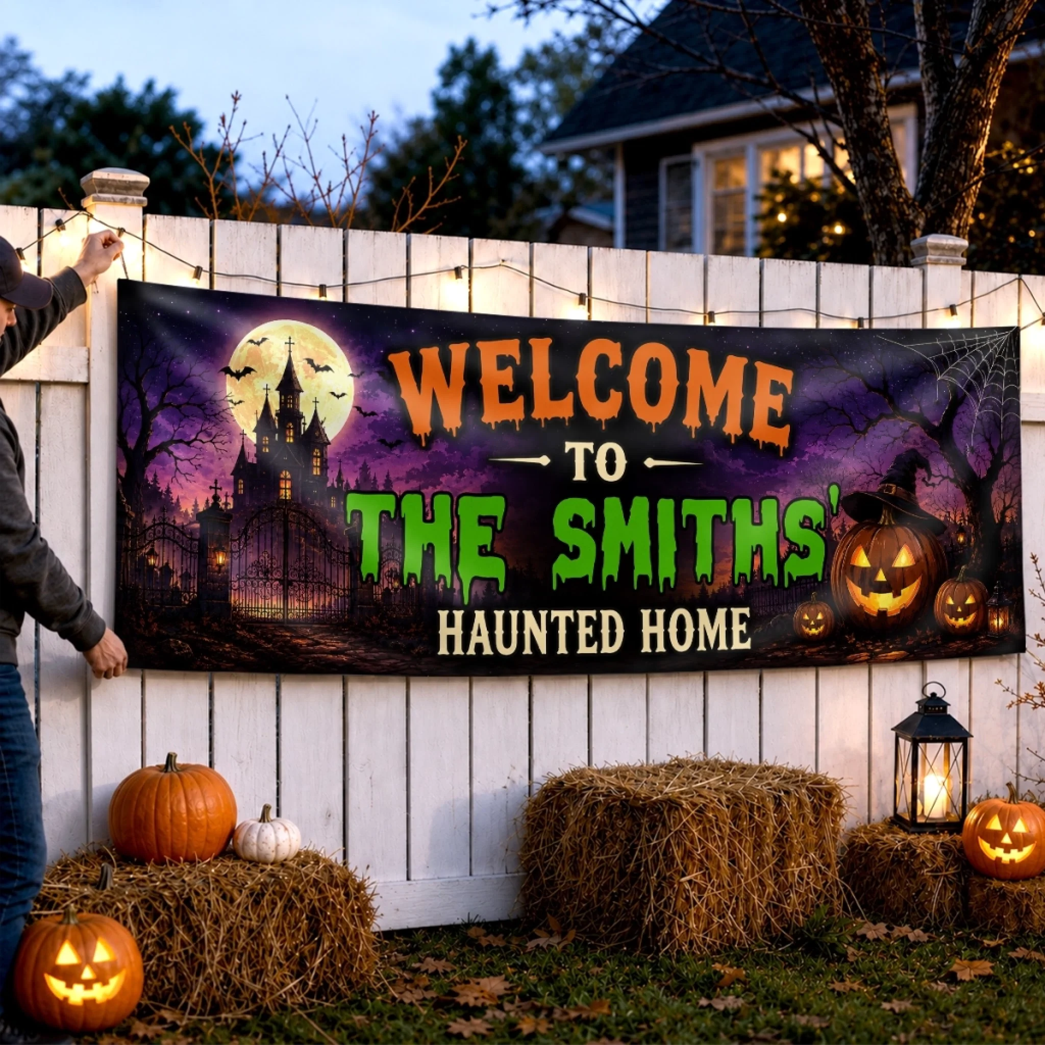 Custom Haunted Home Outdoor Banner - Personalized Halloween Decor Gifts For Mom, Dad, Brother, Sister - Creep It Real This Halloween