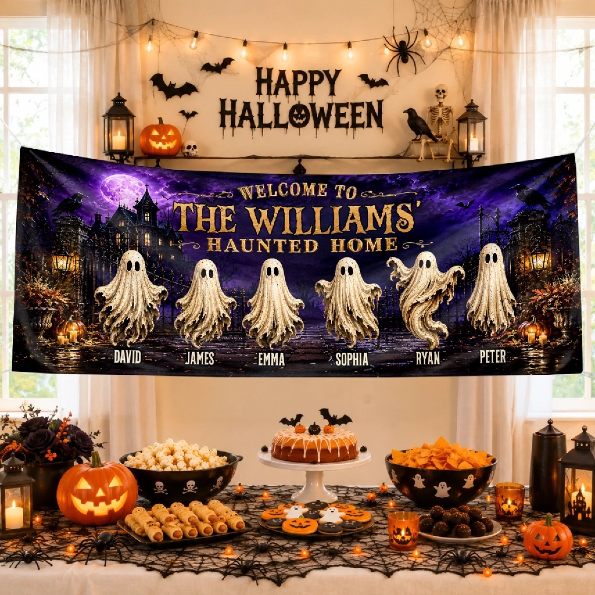 Custom Haunted Home Outdoor Banner - Personalized Halloween Decor Gifts For Mom, Dad, Brother, Sister - Beware Of Our House