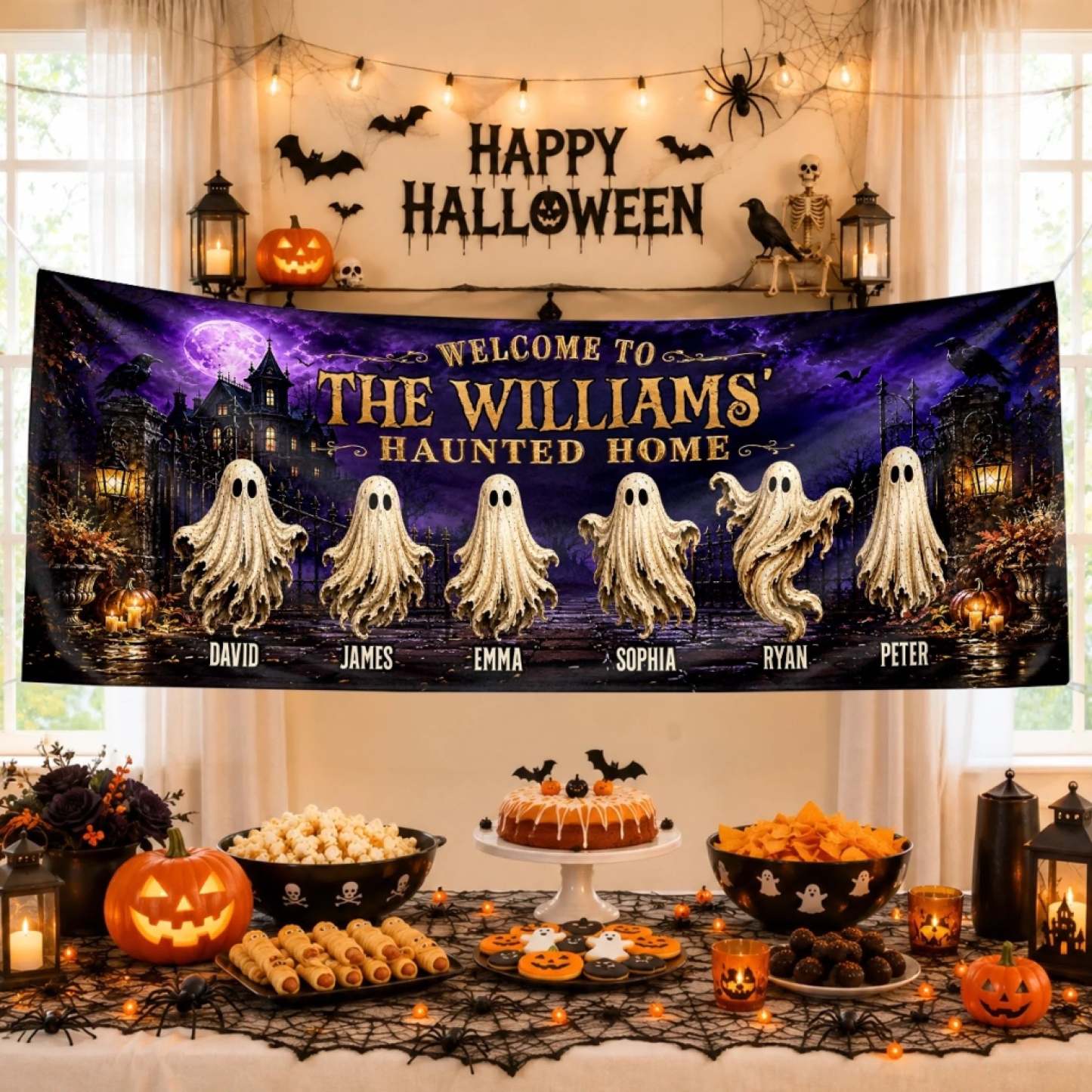 Custom Haunted Home Outdoor Banner - Personalized Halloween Decor Gifts For Mom, Dad, Brother, Sister - Beware Of Our House
