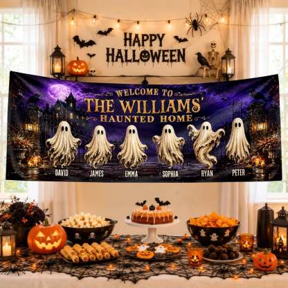 Custom Haunted Home Outdoor Banner - Personalized Halloween Decor Gifts For Mom, Dad, Brother, Sister - Beware Of Our House