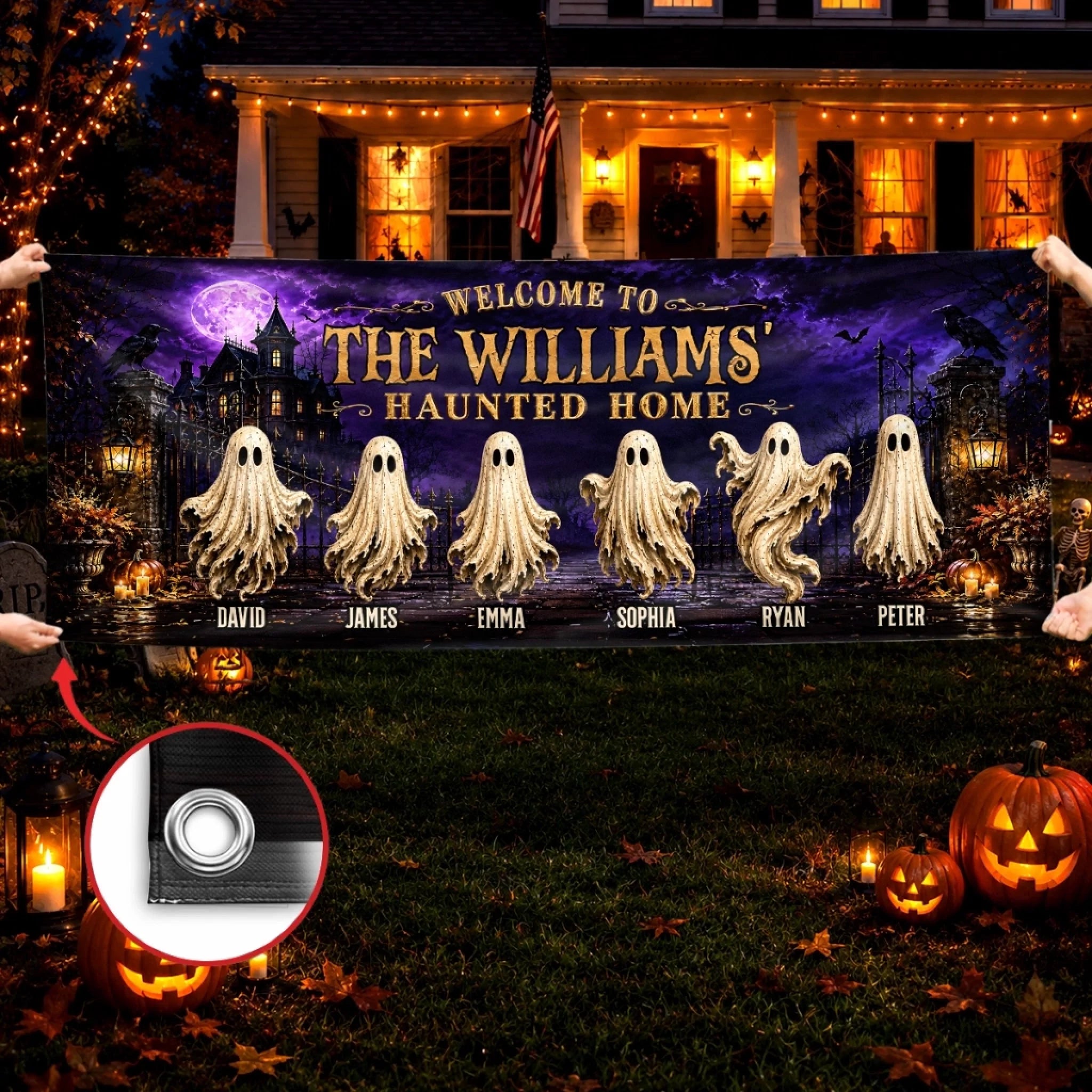 Custom Haunted Home Outdoor Banner - Personalized Halloween Decor Gifts For Mom, Dad, Brother, Sister - Beware Of Our House