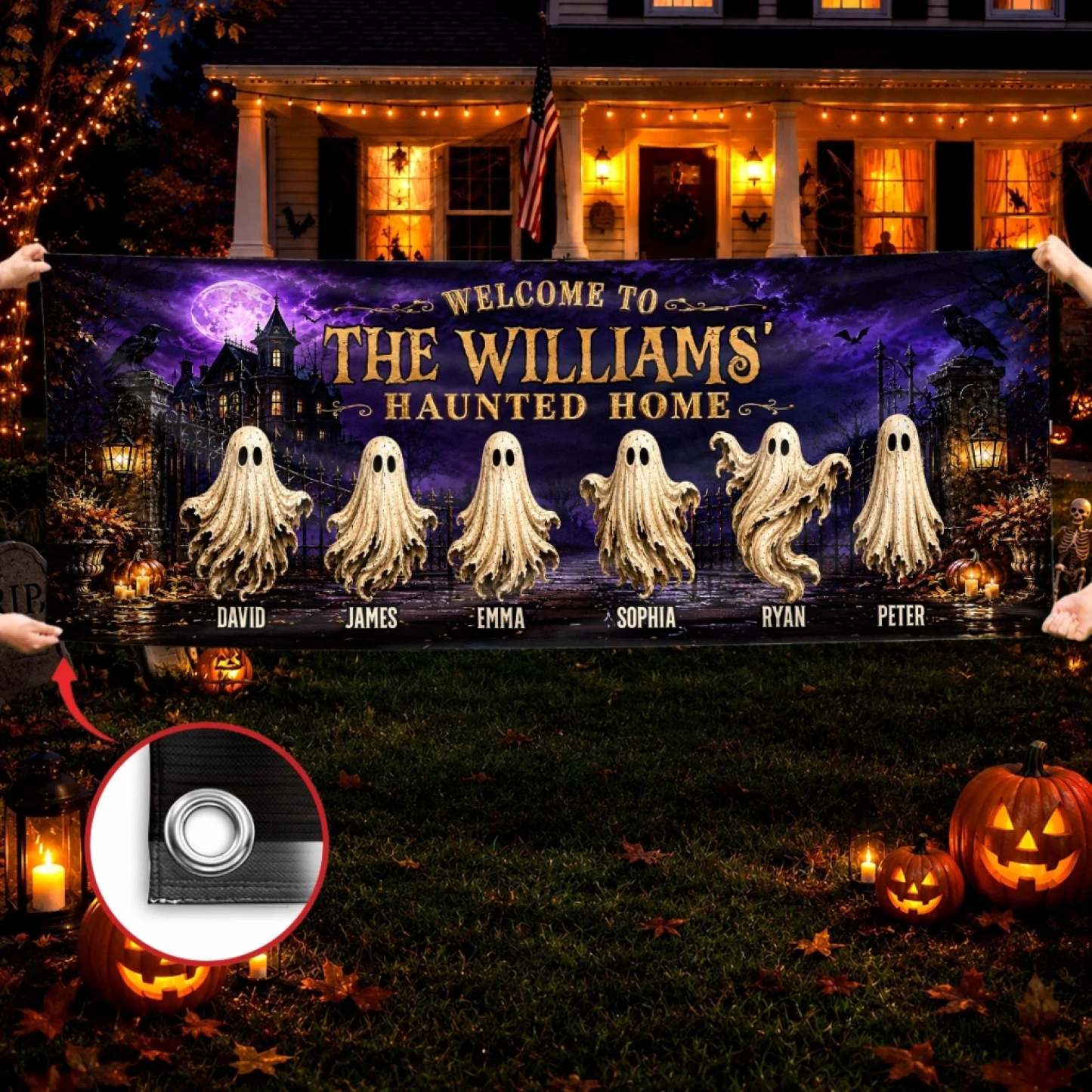 Custom Haunted Home Outdoor Banner - Personalized Halloween Decor Gifts For Mom, Dad, Brother, Sister - Beware Of Our House