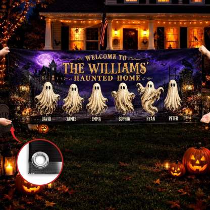 Custom Haunted Home Outdoor Banner - Personalized Halloween Decor Gifts For Mom, Dad, Brother, Sister - Beware Of Our House