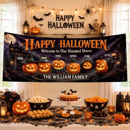 Custom Haunted Home Outdoor Banner - Personalized Halloween Decor Gifts For Mom, Dad, Brother, Sister - Welcome To The Spooky House