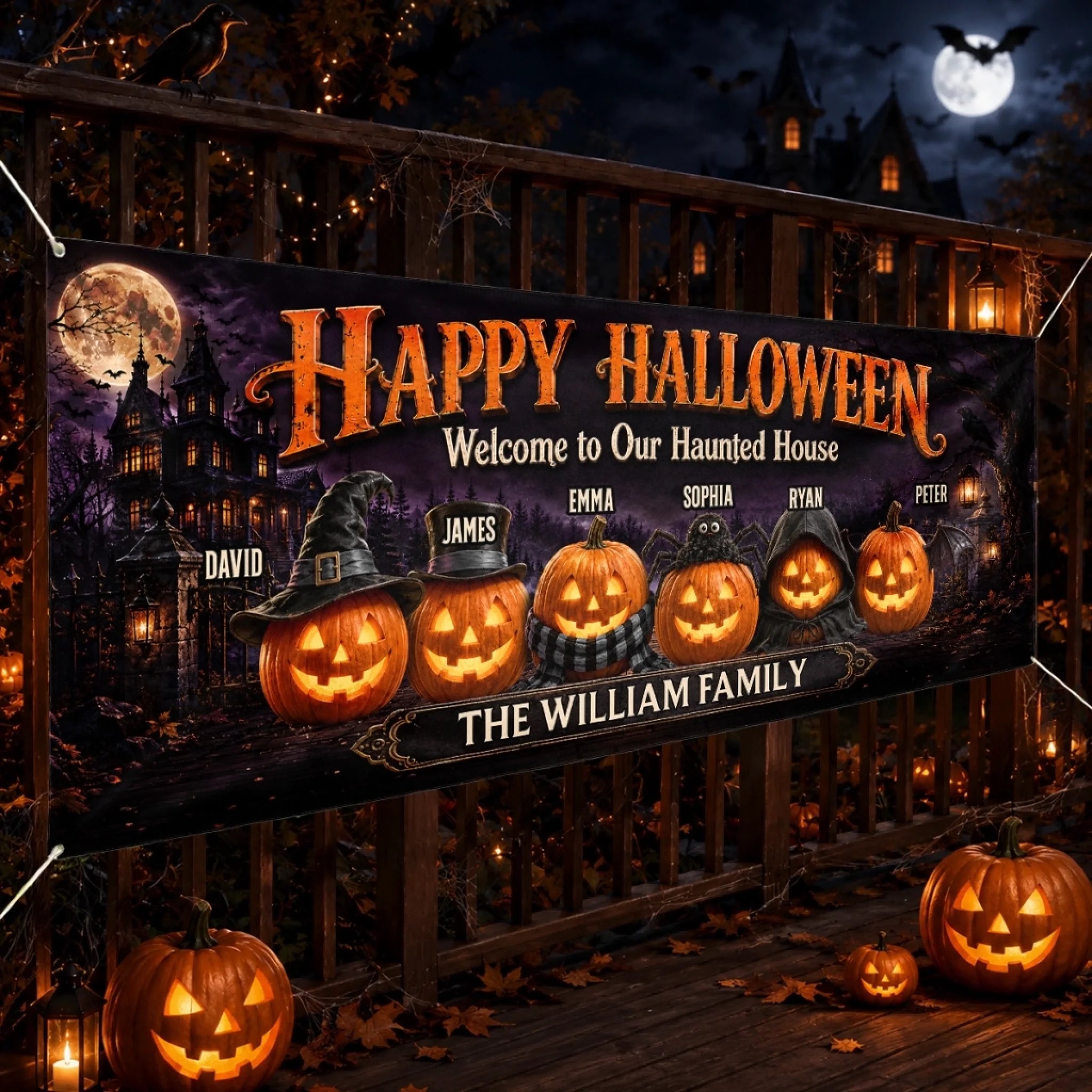 Custom Haunted Home Outdoor Banner - Personalized Halloween Decor Gifts For Mom, Dad, Brother, Sister - Welcome To The Spooky House