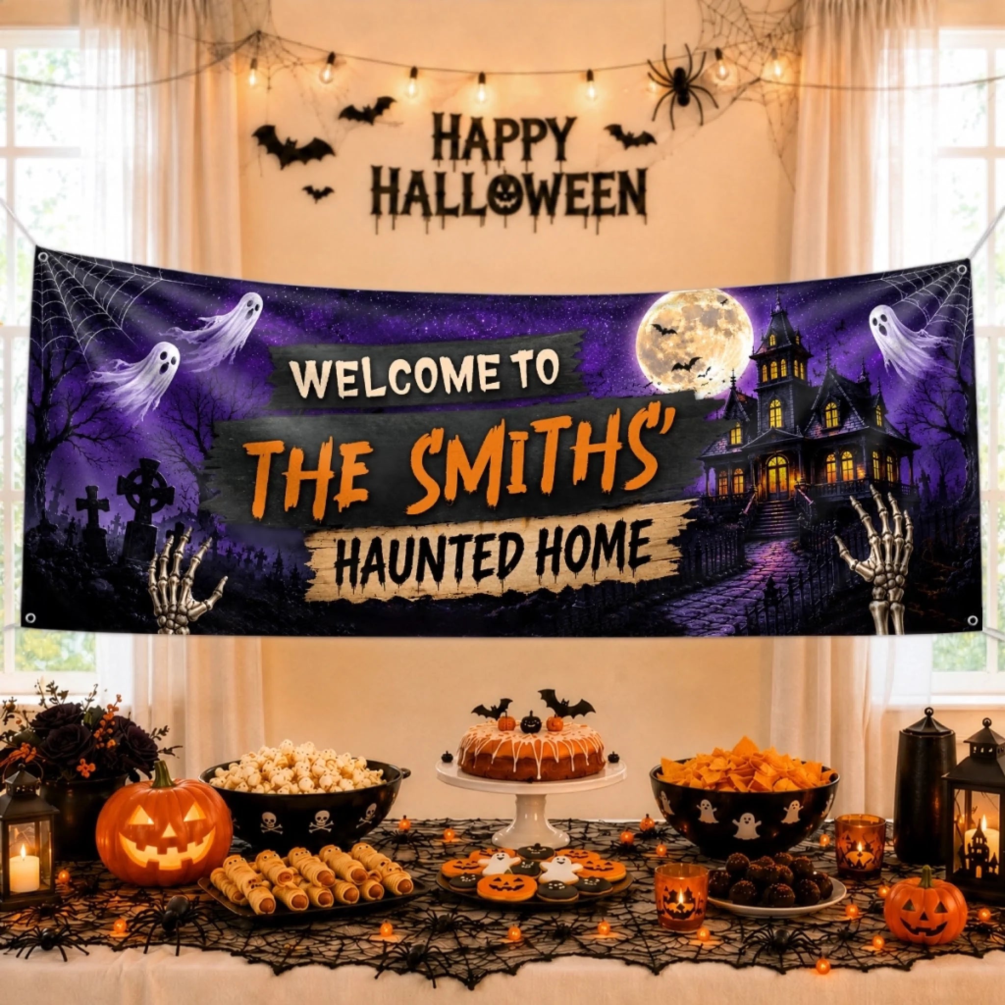 Custom Haunted Home Banner - Personalized Halloween Decor Gifts For Mom, Dad, Brother, Sister - Ghosts And Spirits Welcome Here