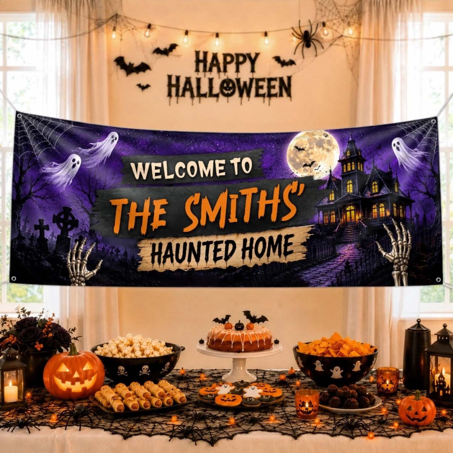 Custom Haunted Home Banner - Personalized Halloween Decor Gifts For Mom, Dad, Brother, Sister - Ghosts And Spirits Welcome Here