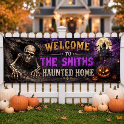 Custom Haunted Home Banner - Personalized Halloween Decor Gifts For Mom, Dad, Brother, Sister - Our Family Is Spooktacular