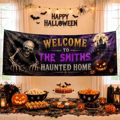 Custom Haunted Home Banner - Personalized Halloween Decor Gifts For Mom, Dad, Brother, Sister - Our Family Is Spooktacular