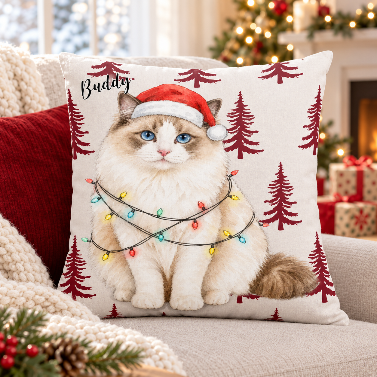 Custom Pet Photo Watercolor Art Christmas Winter Decor Gift - Personalized Pillow