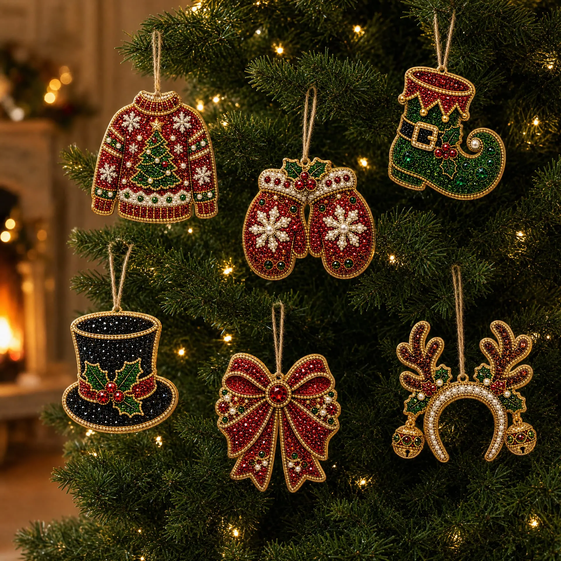 6pcs Winter Wear  Pendant - Acrylic Christmas Tree Ornaments DIY Decor Kit Pearl Art Diamond Painting  Pendant - Acrylic Christmas Tree Ornaments DIY Decor Kit