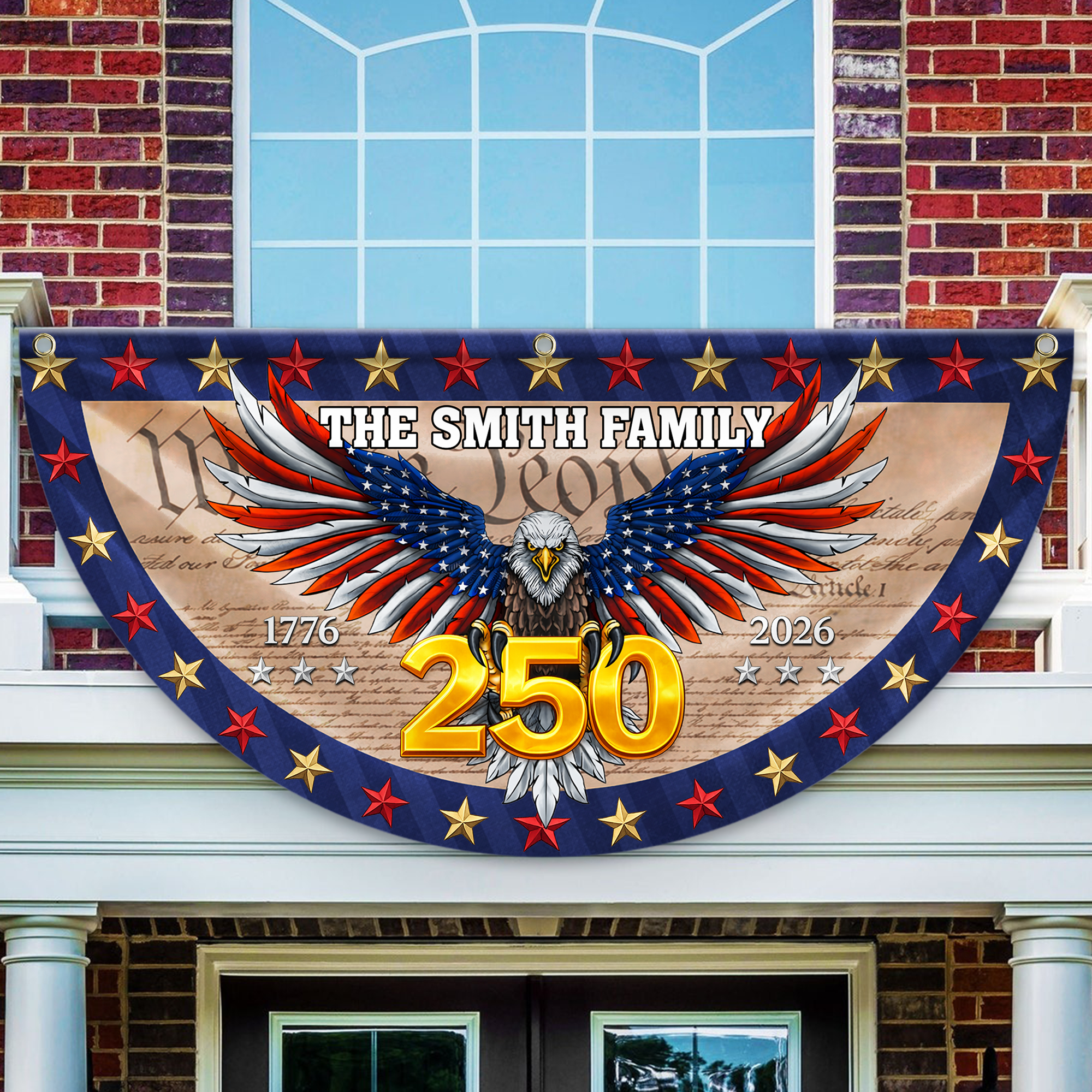 Personalized America 250th Anniversary Bunting Flag Custom Family Name American Flag - We The People Patriotic Eagle Non-Pleated Fan Flag