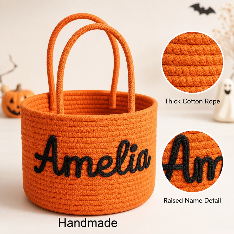 Custom Halloween Basket for Child Personalized Halloween Trick or Treat Bag with Cotton Rope Embroidery Name Customized Kids Woven Halloween Candy Bucket Gifts for Boys Girls