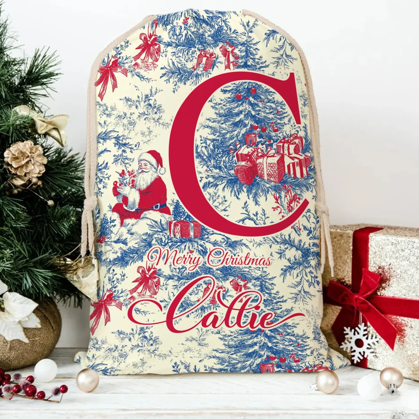 Personalized Vintage Toile De Jouy Santa Claus Initial Canvas Drawstring Gift Bag with Name Christmas Gift for Family Friends