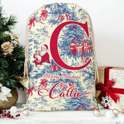 Personalized Vintage Toile De Jouy Santa Claus Initial Canvas Drawstring Gift Bag with Name Christmas Gift for Family Friends