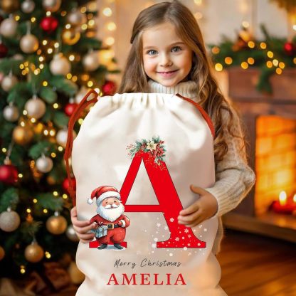 Personalized Christmas Santa Sack, Custom Xmas Canvas Drawstring Bags with Initial & Name for Kids, Christmas Gift Doll Bags for Holiday Presents Christmas Eve Box Large Sack Bag