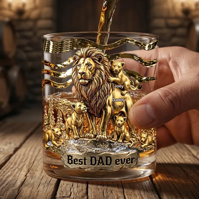 Personalized Lion Dad Whiskey Glass 2d Flat, Custom Family Name Bourbon Tumbler, Best Dad Ever Gift, Father’s Day Scotch Glass for Dad