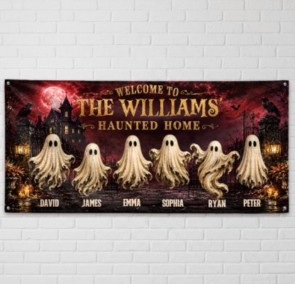 Custom Haunted Home Outdoor Banner - Personalized Halloween Decor Gifts For Mom, Dad, Brother, Sister - Beware Of Our House