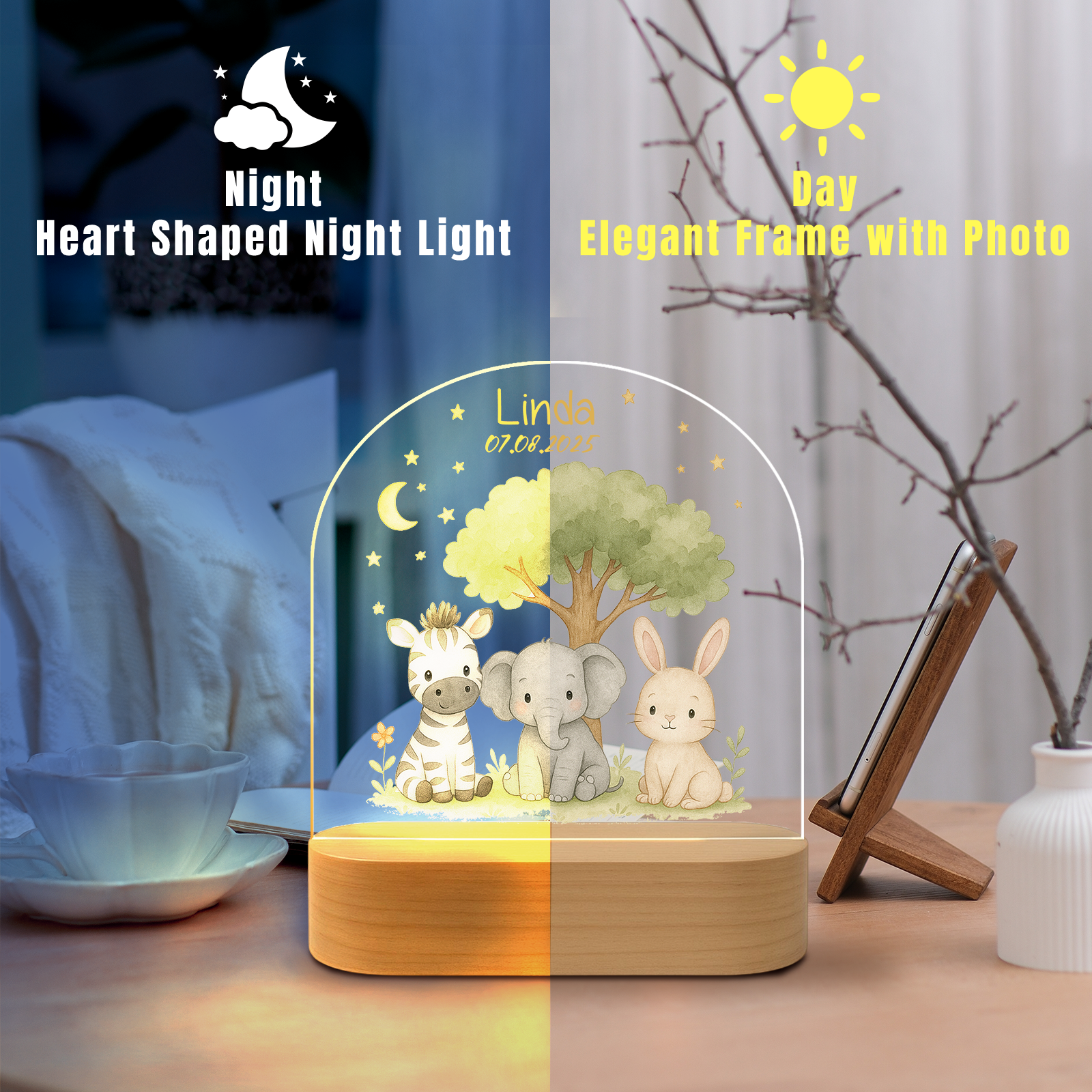 Custom Animal Night Light – Bunny, Elephant & Zebra for Nursery