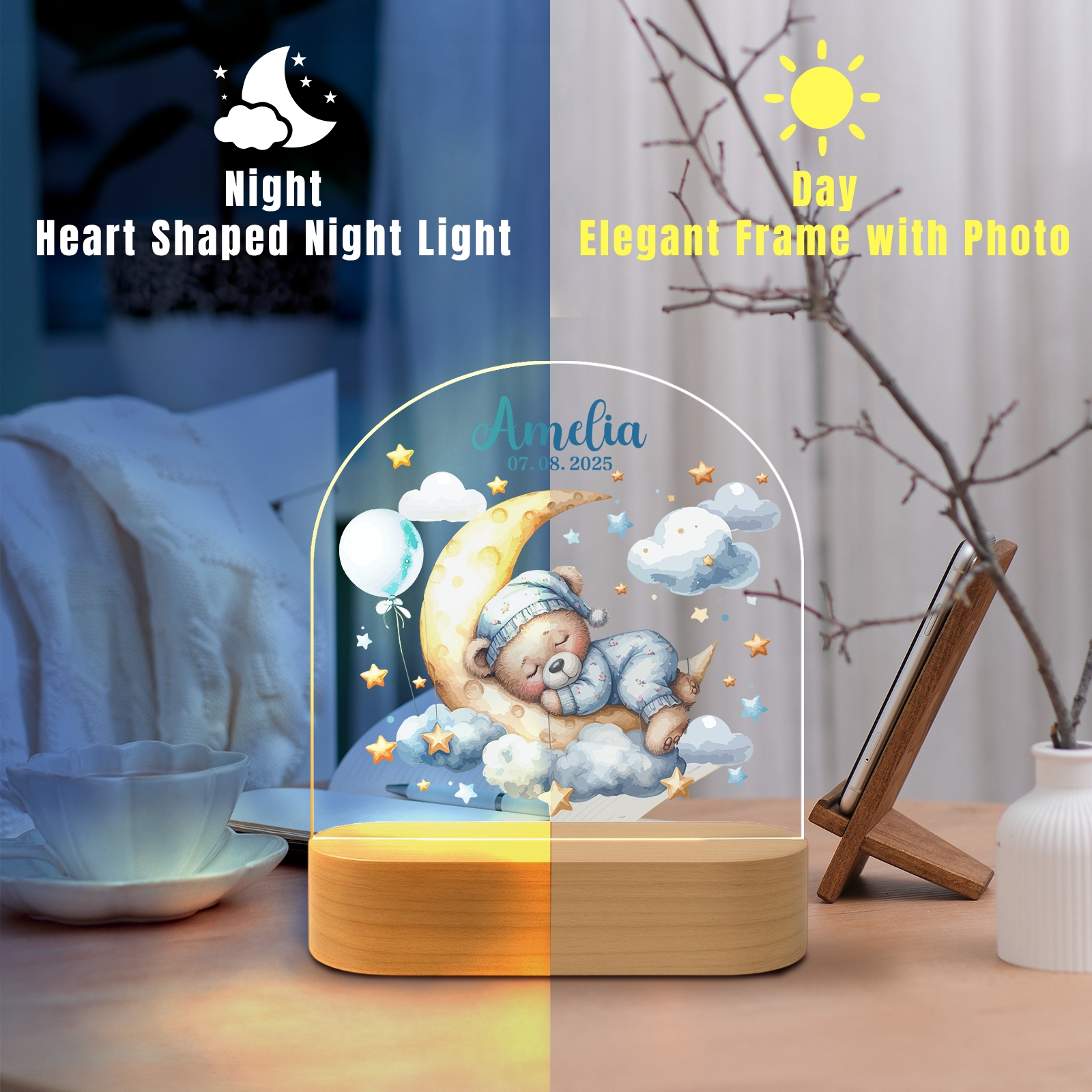 Custom Blue Bear Name Night Light – Boys Nursery Decor Lamp