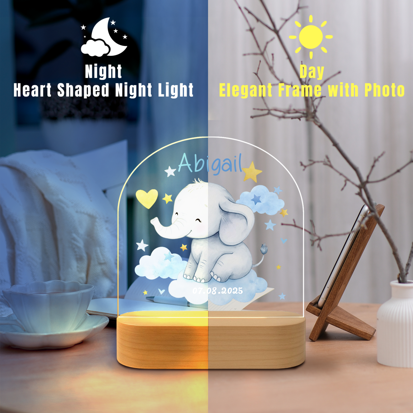 Custom Blue Elephant LED Night Light – Personalized Baby Room Gift