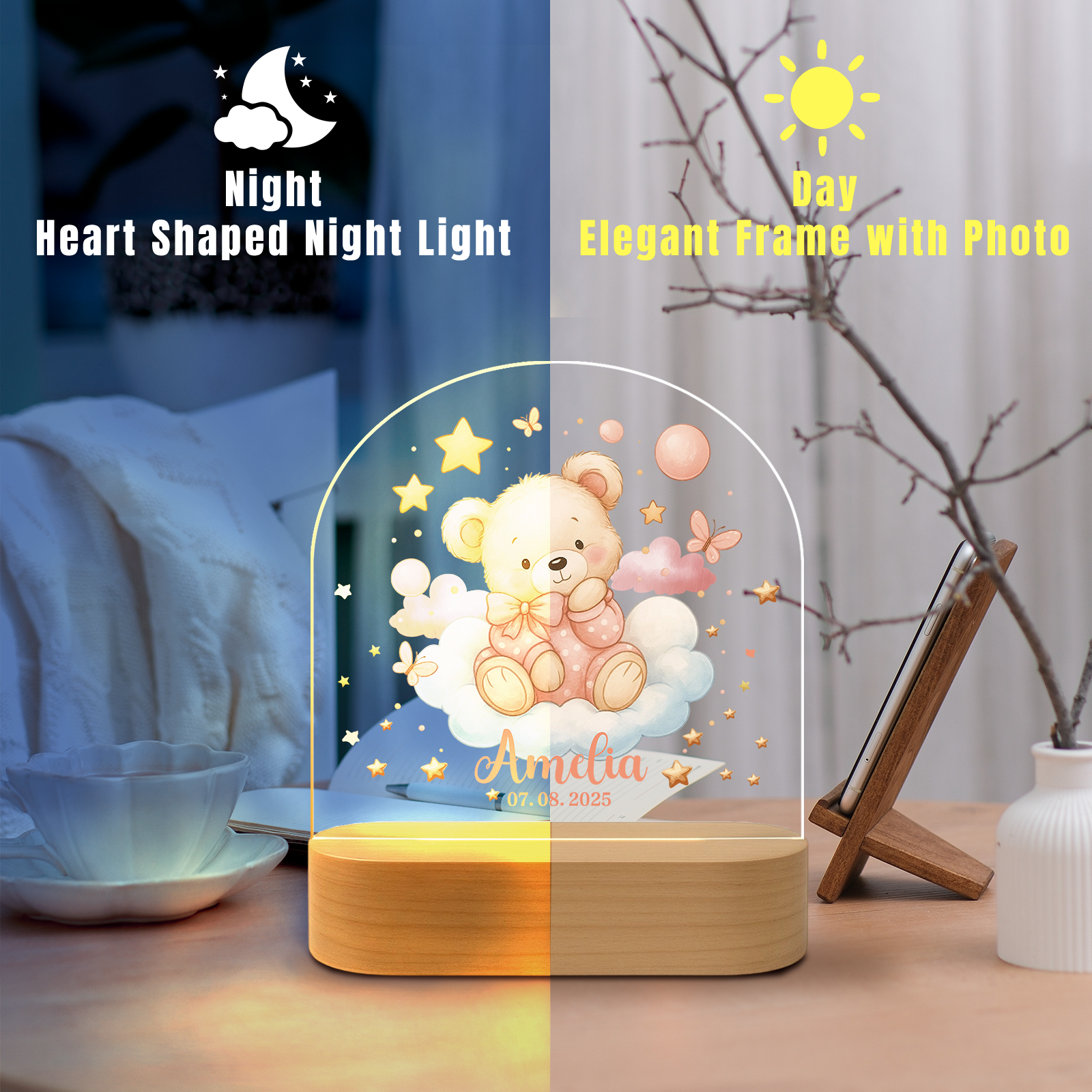 Custom Pink Bear Night Light for Kids – Soft LED Nursery Lamp