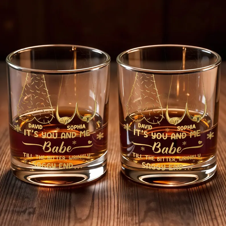 Personalized Couple Whiskey Glass Set, Custom Husband Wife Bourbon Glass, Funny Anniversary Gift, Till The Bitter Wrinkly Saggy End