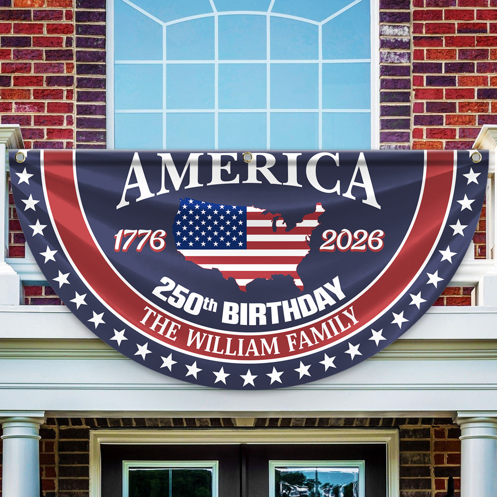 Personalized America 250th Anniversary Bunting Flag Custom Family Name America 250 Birthday 1776-2026 Non-Pleated Fan Flag